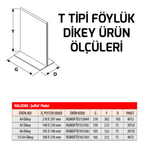 T Tipi dikey föylük tüm ölçü seçenekleri